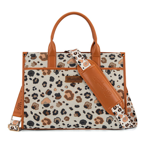 WG436-8119BR  Wrangler Leopard Print Canvas Oversized Tote with Adjustable Strap- Brown