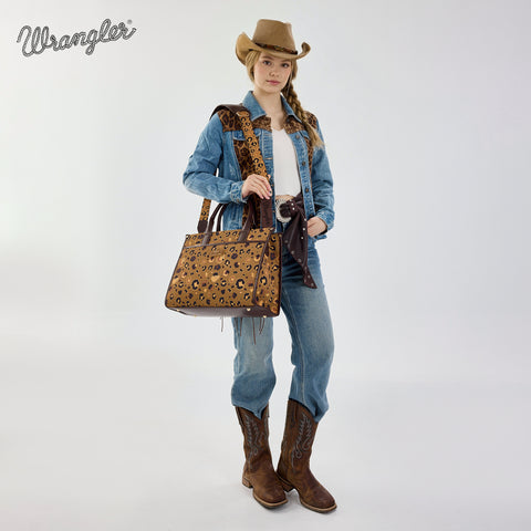 WG436-8119CF  Wrangler Leopard Print Canvas Oversized Tote with Adjustable Strap- Coffee