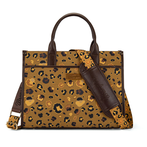 WG436-8119CF  Wrangler Leopard Print Canvas Oversized Tote with Adjustable Strap- Coffee