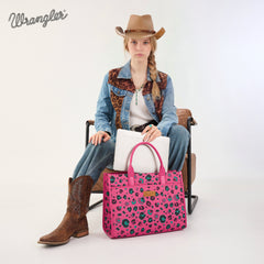 WG436-8119HPK  Wrangler Leopard Print Canvas Oversized Tote with Adjustable Strap- Hot Pink