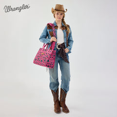 WG436-8119HPK  Wrangler Leopard Print Canvas Oversized Tote with Adjustable Strap- Hot Pink