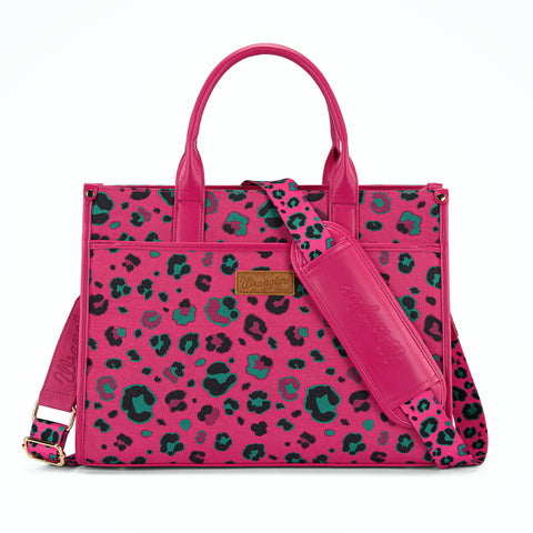 WG436-8119HPK  Wrangler Leopard Print Canvas Oversized Tote with Adjustable Strap- Hot Pink