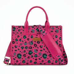 WG436-8119HPK  Wrangler Leopard Print Canvas Oversized Tote with Adjustable Strap- Hot Pink