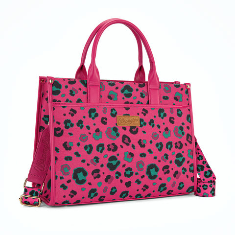 WG436-8119HPK  Wrangler Leopard Print Canvas Oversized Tote with Adjustable Strap- Hot Pink