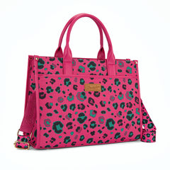 WG436-8119HPK  Wrangler Leopard Print Canvas Oversized Tote with Adjustable Strap- Hot Pink