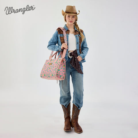 WG436-8119PK Wrangler Leopard Print Canvas Oversized Tote with Adjustable Strap- Pink