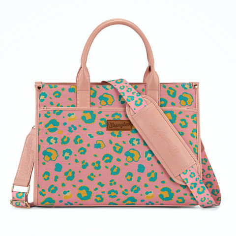 WG436-8119PK Wrangler Leopard Print Canvas Oversized Tote with Adjustable Strap- Pink