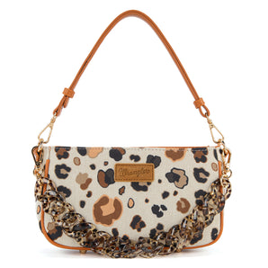 WG436-818BR Wrangler Leopard Print Canvas Shoulder Bag with Chain Strap - Brown