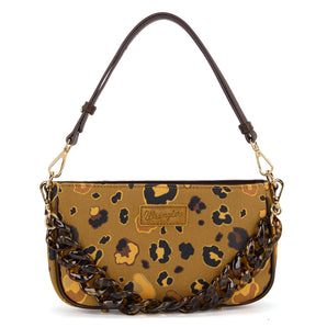 WG436-818CF  Wrangler Leopard Print Canvas Shoulder Bag with Chain Strap - Coffee