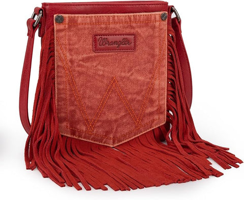 WG44-8360 Wrangler Leather Fringe Jean Denim Pocket Crossbody - Orange