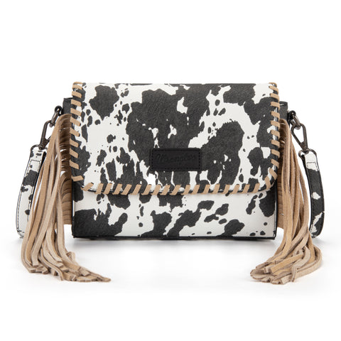 WG444-1818BK   Wrangler Cow Print Fringe Crossbody Bag -Black