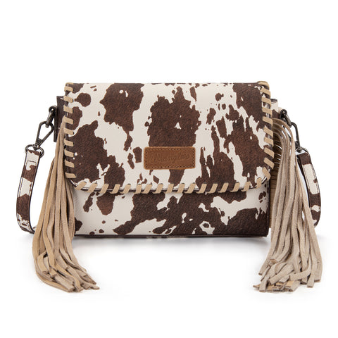 WG444-1818CF   Wrangler Cow Print Fringe Crossbody Bag -Coffee