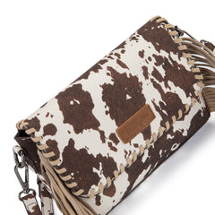WG444-1818CF   Wrangler Cow Print Fringe Crossbody Bag -Coffee
