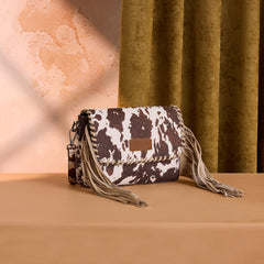WG444-1818CF   Wrangler Cow Print Fringe Crossbody Bag -Coffee
