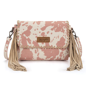 WG444-1818DPK Wrangler Cow Print Fringe Crossbody Bag - Dark Pink