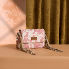 WG444-1818DPK  Wrangler Cow Print Fringe Crossbody Bag - Dark Pink