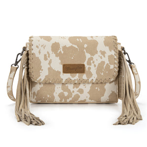 WG444-1818TN Wrangler Cow Print Fringe Crossbody Bag - Tan