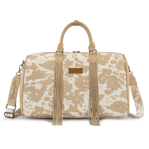 WG444-5110TN   Wrangler Cow Print Fringe Duffle/Crossbody -Tan