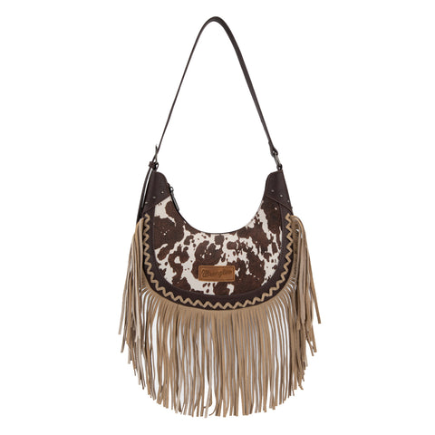 WG444-818CF  Wrangler Cow Print Fringe Shoulder Hobo Bag - Coffee