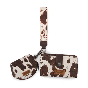 WG-WL-444-129 Wrangler Cow Print Wallet & Coin Pouch Wristlet Set