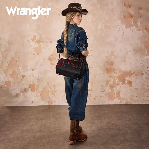 WG449-5112  Wrangler Stitch Detail Classic Barrel Satchel/Crossbody -Black