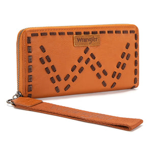 WG449-W130BR Wrangler Western Stitch Zip Around Wristlet Wallet - Brown