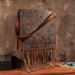 WG45G-918 Wrangler Floral Embossed Fringe Concealed Carry Hobo/Crossbody - Brown