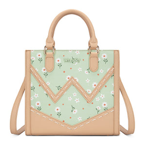 WG481-8126GN Wrangler Daisy Print Chevron Tote Crossbody Bag - Green