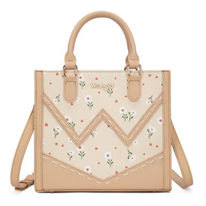 WG481-8126TN Wrangler Daisy Print Chevron Tote Crossbody Bag - Tan