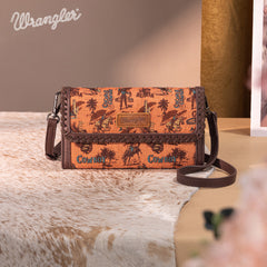 WG60-1812 Wrangler Vintage Retro Cowboy Cool Print Wallet/Crossbody -Dark Brown