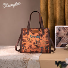 WG60G-8317 Wrangler Vintage Retro Cowboy Cool Print Concealed Carry Satchel/Crossbody-Dark Brown