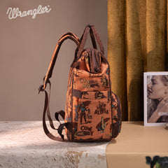 WG60-9110 Wrangler Vintage Retro Cowboy Cool Print Backpack -Dark Brown