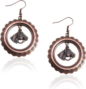 WGE-1032 Wrangler Etched Circle Alloy Horse Head Dangling Earrings - Bronze
