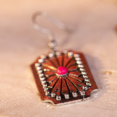 WGE-1037  Wrangler Western Beaded Sunburst Concho Dangling Earring - Hot Pink