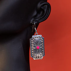 WGE-1037  Wrangler Western Beaded Sunburst Concho Dangling Earring - Hot Pink