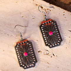 WGE-1037  Wrangler Western Beaded Sunburst Concho Dangling Earring - Hot Pink