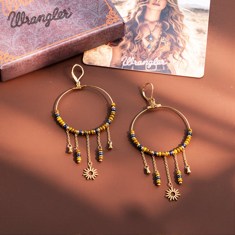 WGE-1105G-BR  Wrangler 14K Gold Plated Natural Stone Dangling Charms Hoop Earrings - Brown