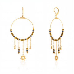 WGE-1105G-BR  Wrangler 14K Gold Plated Natural Stone Dangling Charms Hoop Earrings - Brown