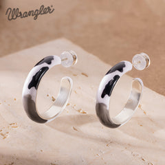 WGE-CW-1132S Wrangler Cow Print  Hoop Earrings -Black