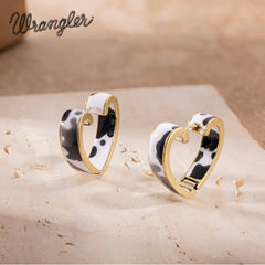 WGE-HCW-1135G Wrangler Cow Print Open Heart Shape  Earrings -Black