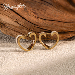 WGE-HCW-1135G Wrangler Cow Print Open Heart Shape  Earrings -Coffee