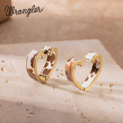WGE-HCW-1135G Wrangler Cow Print Open Heart Shape  Earrings -Coffee