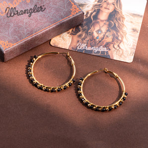 WGE-HP-1102GBK Wrangler 14K Gold Plated Natural Stone Hoop Earrings - Black