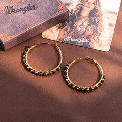 WGE-HP-1102GBK  Wrangler 14K Gold Plated Natural Stone Hoop Earrings - Black
