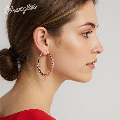WGE-HP-1102GPP Wrangler 14K Gold Plated Natural Stone Hoop Earrings - Purple