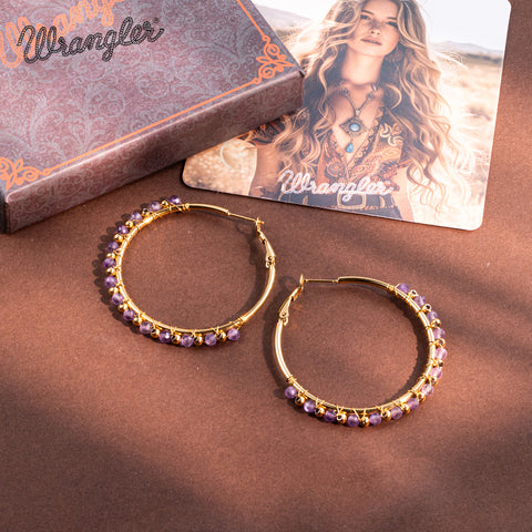 WGE-HP-1102GPP Wrangler 14K Gold Plated Natural Stone Hoop Earrings - Purple