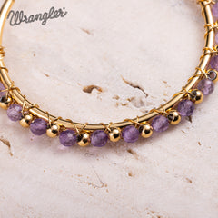 WGE-HP-1102GPP Wrangler 14K Gold Plated Natural Stone Hoop Earrings - Purple