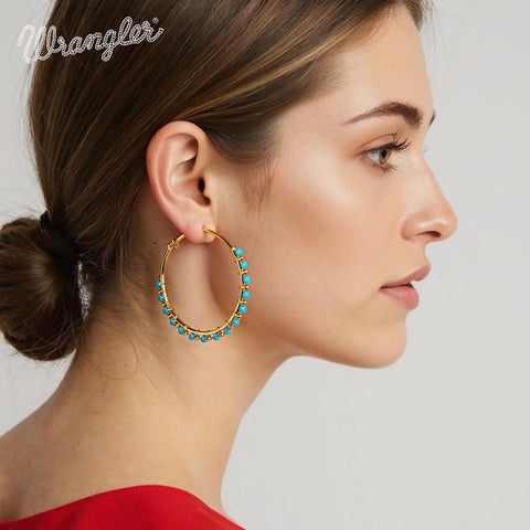 WGE-HP-1102GTQ Wrangler 14K Gold Plated Natural Stone Hoop Earrings -Turquoise