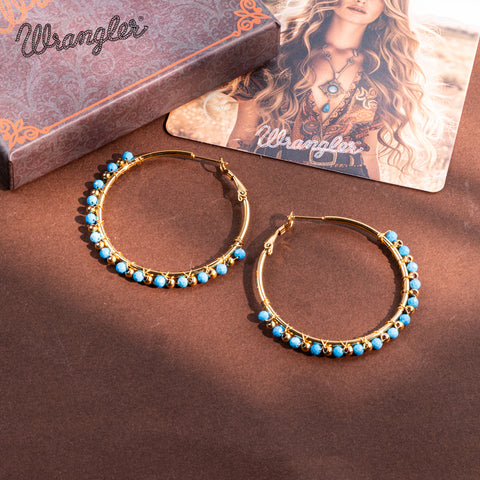 WGE-HP-1102GTQ Wrangler 14K Gold Plated Natural Stone Hoop Earrings -Turquoise