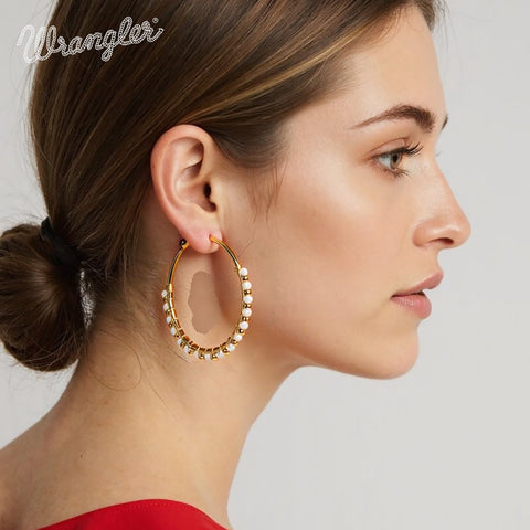 WGE-HP-1102GWH  Wrangler 14K Gold Plated Natural Stone Hoop Earrings - White
